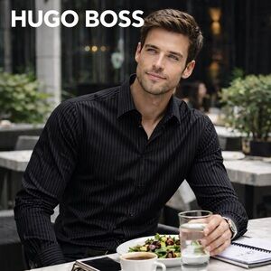 HUGO BOSS,PINSTRIPE DRESS SHIRT SIZE 17.5 32-33 CLASSIC FIT BUSINESS FORMAL